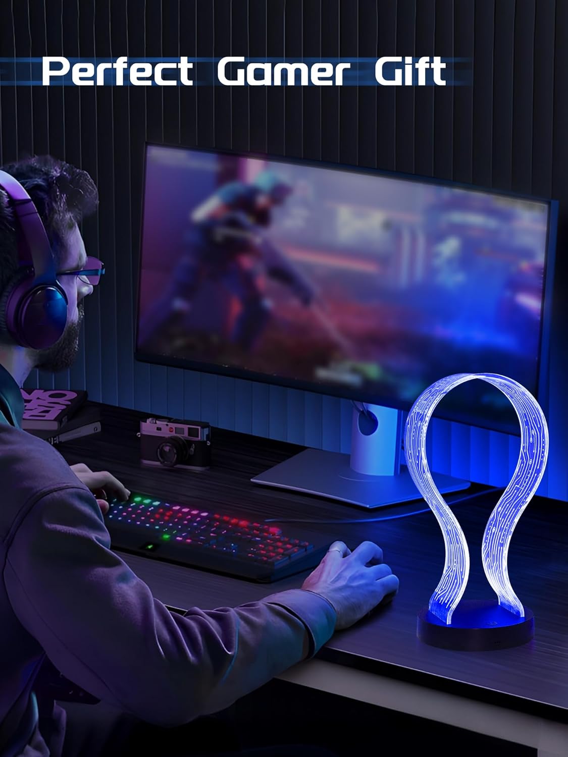 Light Up Headphone Stand with 16 Color Lights, PCB Pattern Acrylic Headset Stand with 1 USB and 1