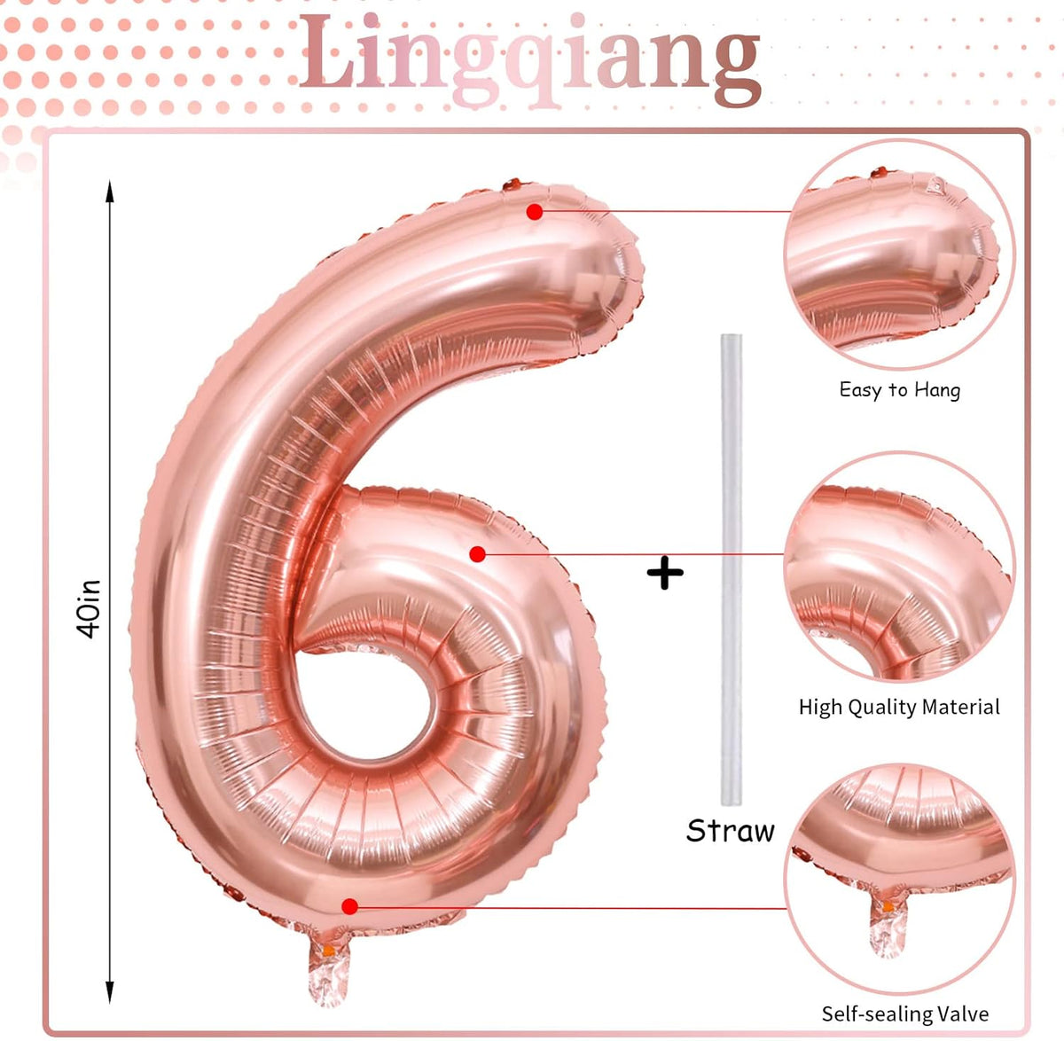 Rose Gold Foil Balloon Number 6, 40'' Giant Self Inflating Number Balloons Set 0-9, Large Number 6