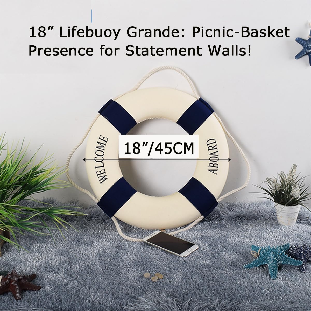 MorroMorn Lifebuoy Wall Hanging Decor - Welcome Aboard Mediterranean Style Home Decoration (Navy