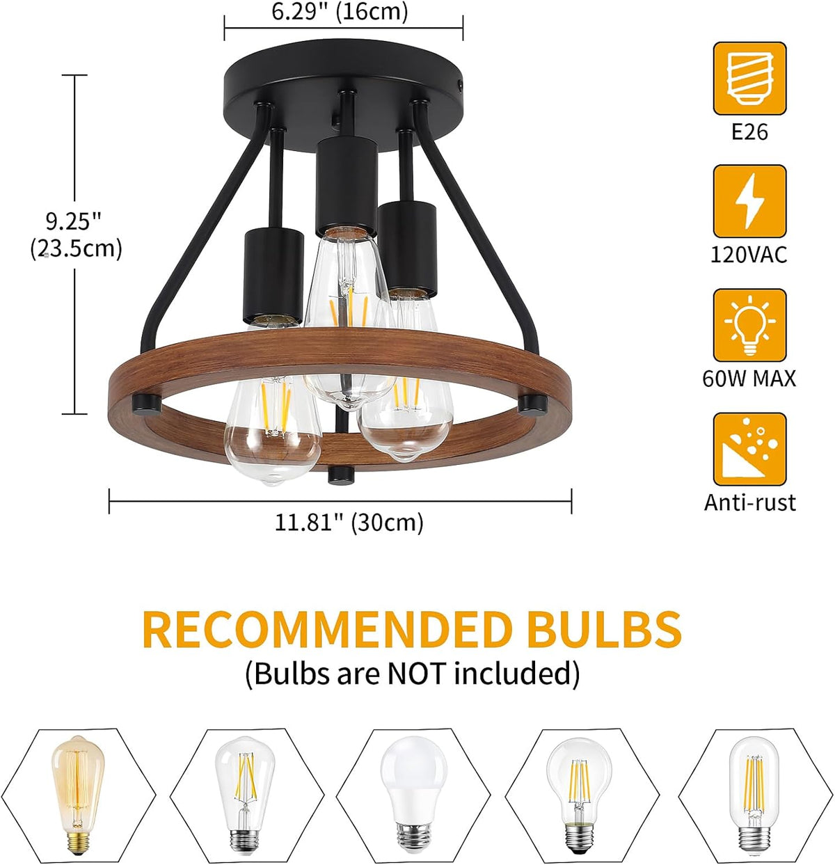 Modern Farmhouse Wood Semi Flush Mount Ceiling Light, Hallway Entryway Light Fixtures, 3-Light