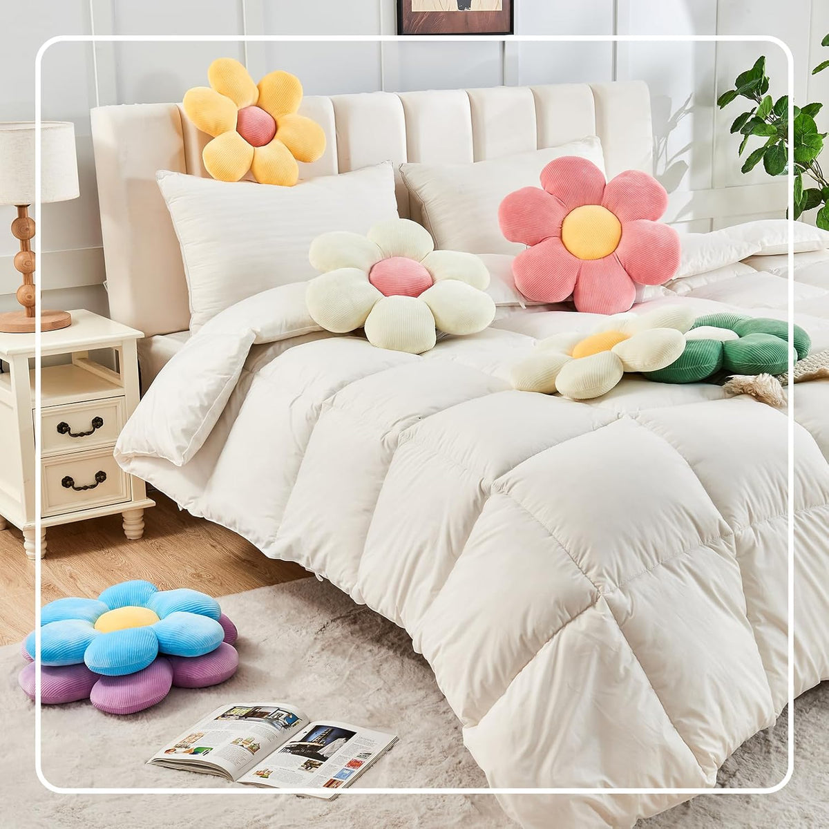 White Yellow Flower Pillow, 14.9" Cute Flower Shaped Floor Pillow, Aesthetic Floral Plush Daisy