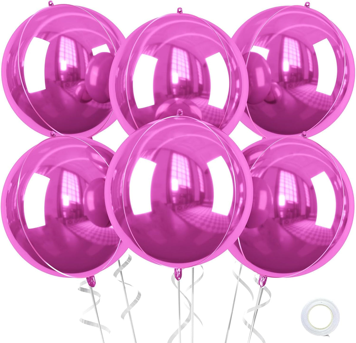 Giant 4D Foil Balloons, 6 Pcs Large Hot Pink Metallic Round Balloons, 22 Inch Big Round Hot Pink