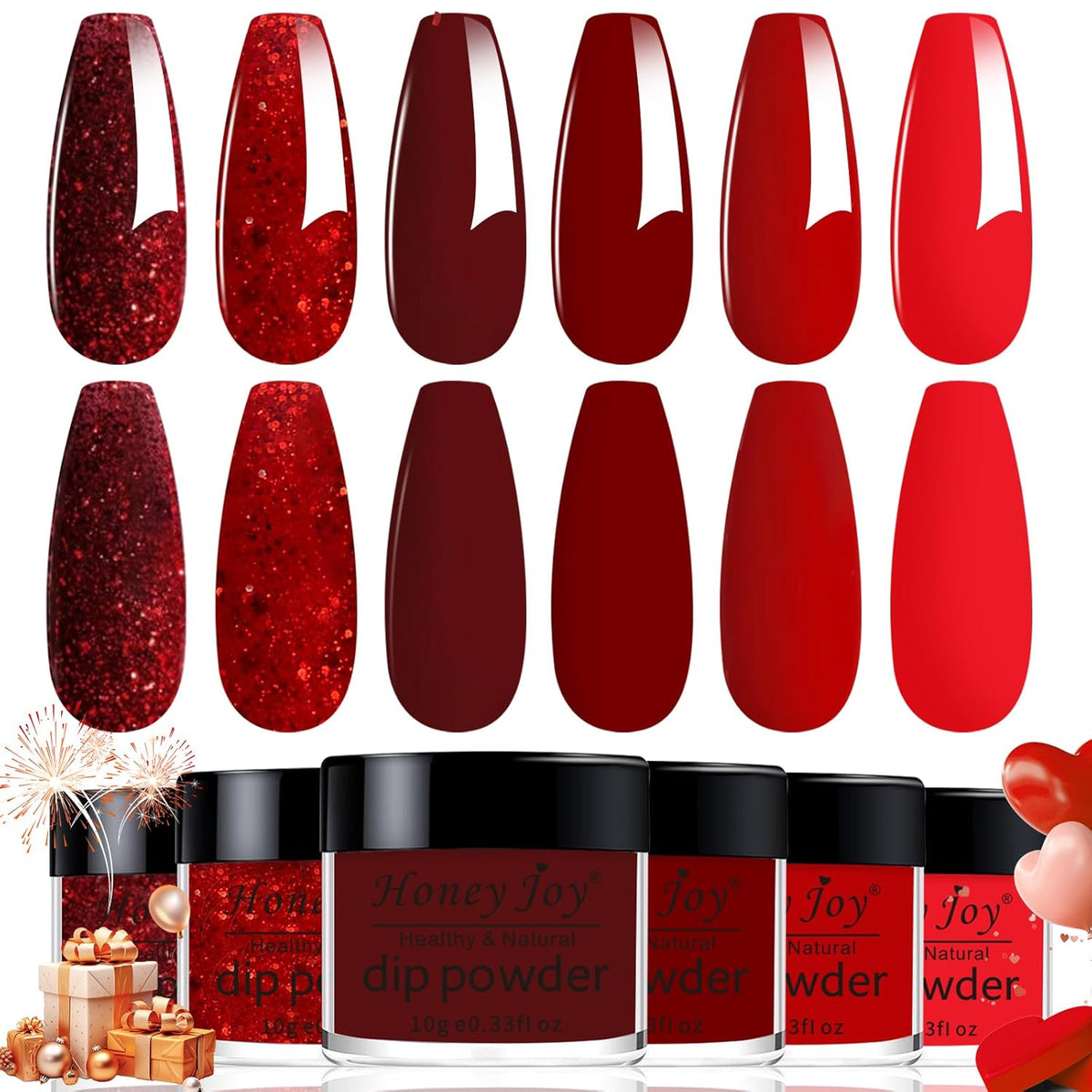 Dip Powder Set, Honey Joy 6 Colors Classic Red Collection Glitter Dipping Powder Set Nail Art