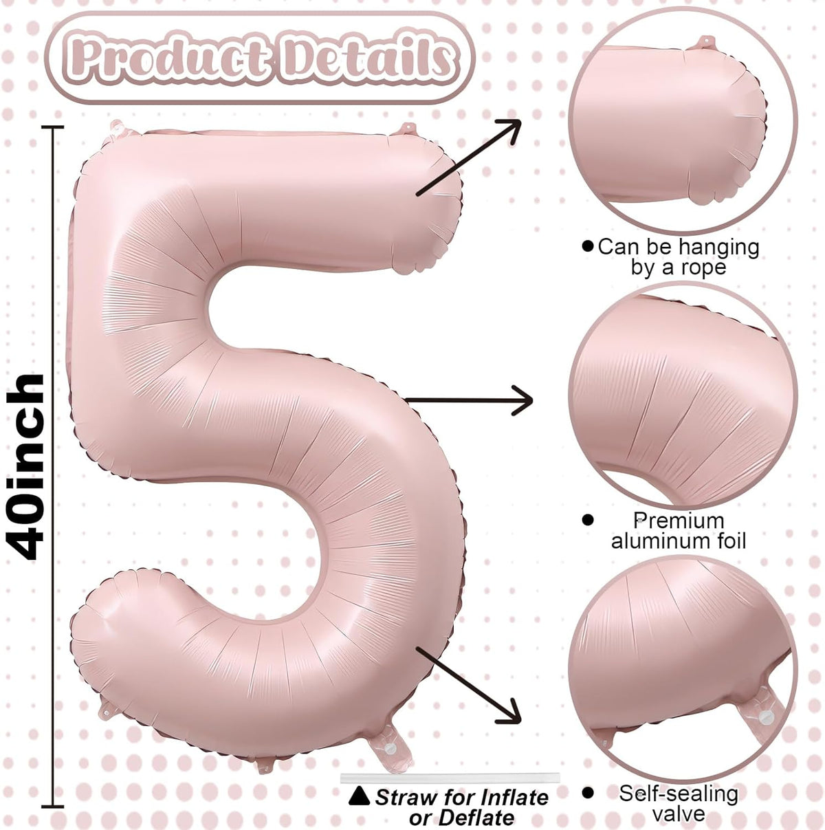 Light Pink Number Balloon 5, 40 Inch Large Self Inflating 5 Foil Number Balloons 0-9, Blush Pastel