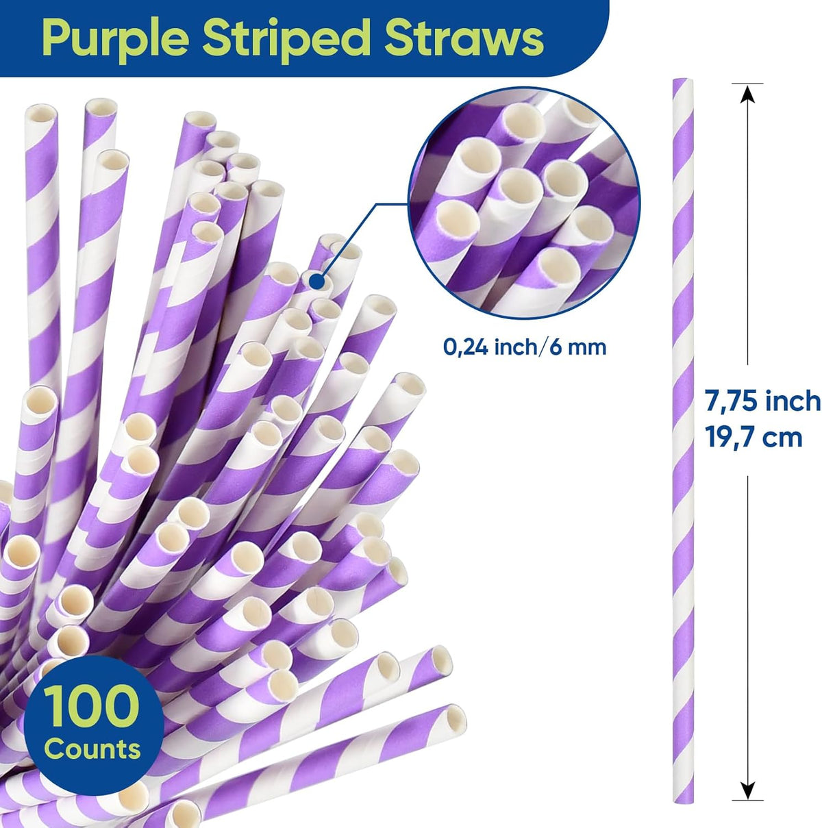Disposable Purple Striped Party Paper Drinking Straws 100 Counts 7.75'' x 0.24'', Unwrapped, for
