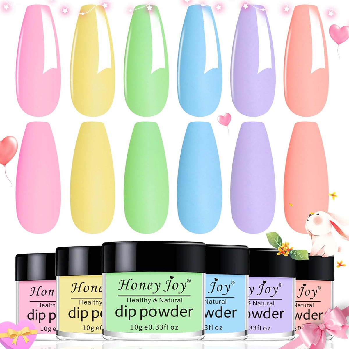Neon Dip Powder Set, Honey Joy 6 Colors Pink Yellow Purple Green Blue Spring Sumer Dipping Powder