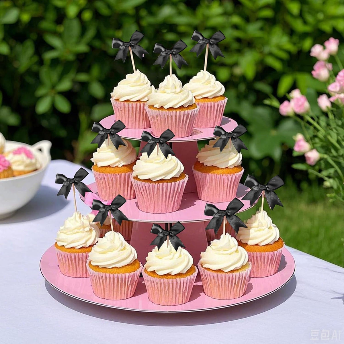 24Pcs Bow Cupcake Toppers - Black Bow Cake Topper Birthday Decorations, Bowknot Cupcake Picks for