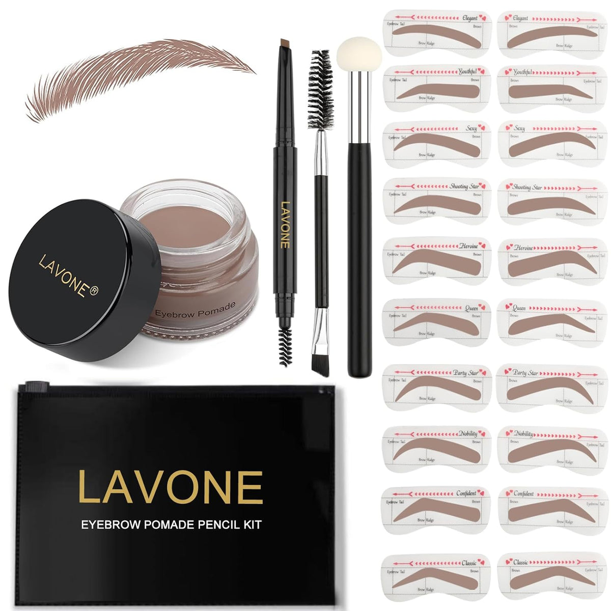 LAVONE Eyebrow Stamp Stencil Kit - Brow Stamp Trio with Waterproof Pencil, Pomade, 20 Stencils