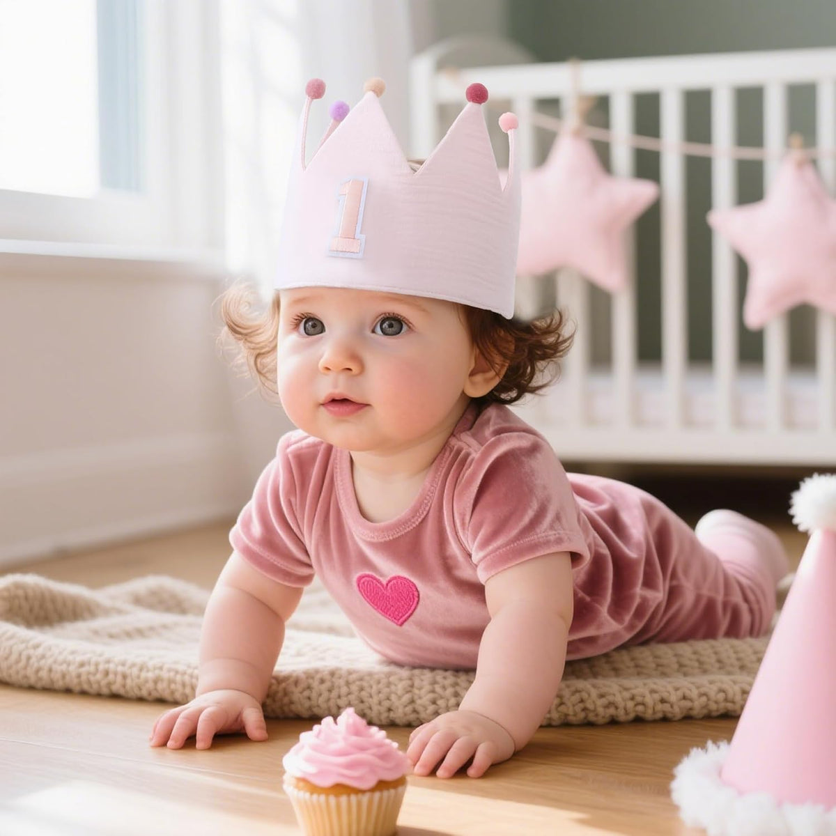 Muslin Crown Hat 1-3 Birthday For Baby Boy Girl Party Decoration Blue Pink Headband