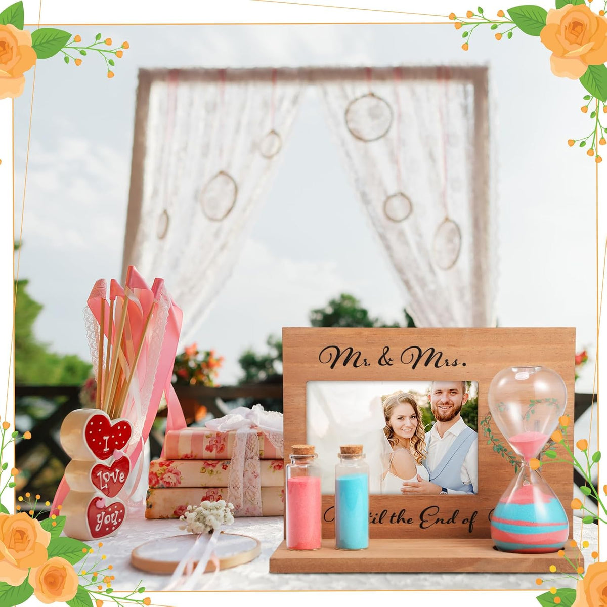 Blosssound Wedding Sand Ceremony Set Wooden Photo Frame, Hourglass Funnel, Sand, Glass Bottles, Mr