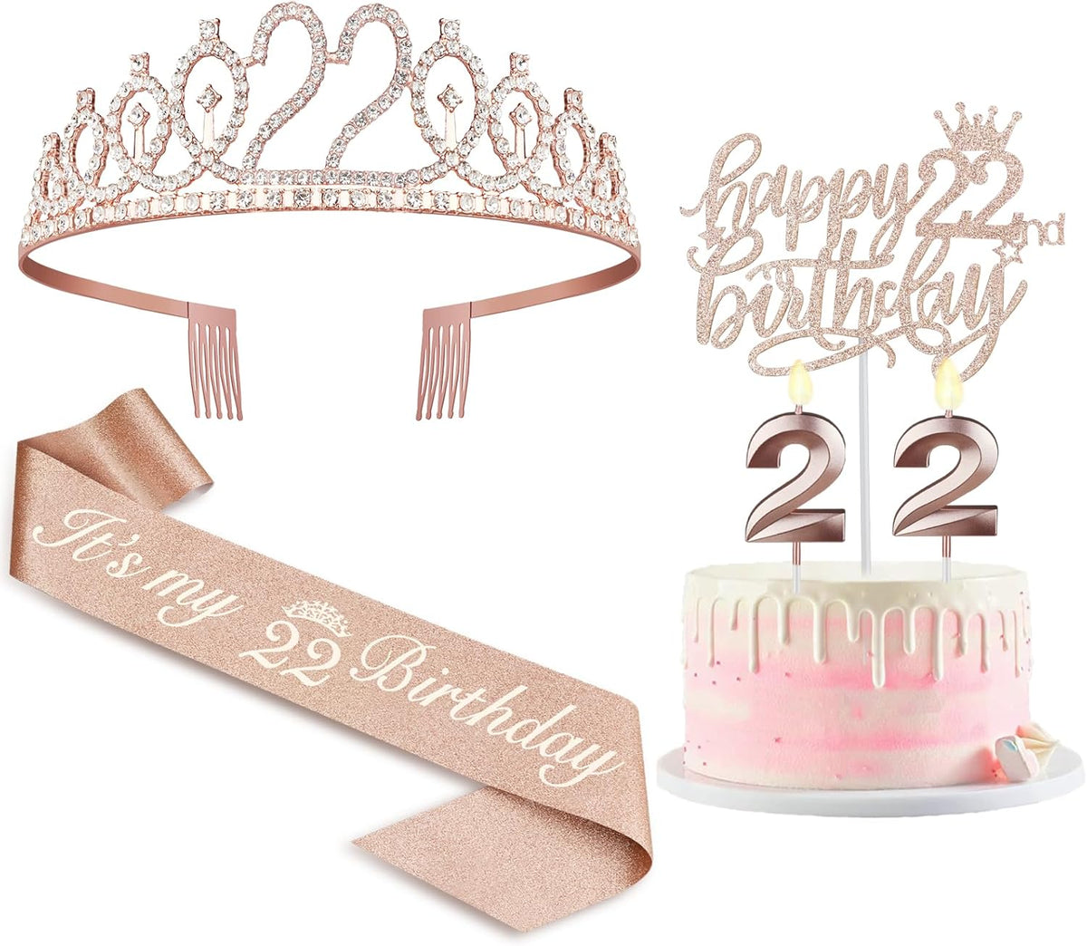 22 Birthday Decorations for Women Including Sash and Tiara, Cake Topper and Candles, 22nd Birthday
