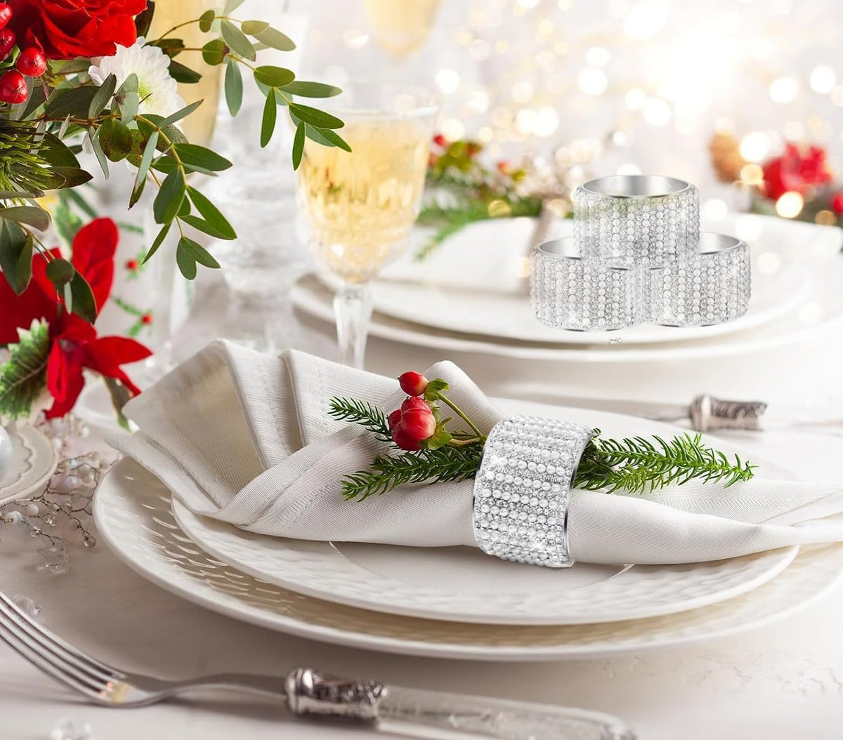 Silver Pearls 6pcs Napkin Rings Rhinestone Crystal Glass Framed Napkin Holder Handmade Serviette