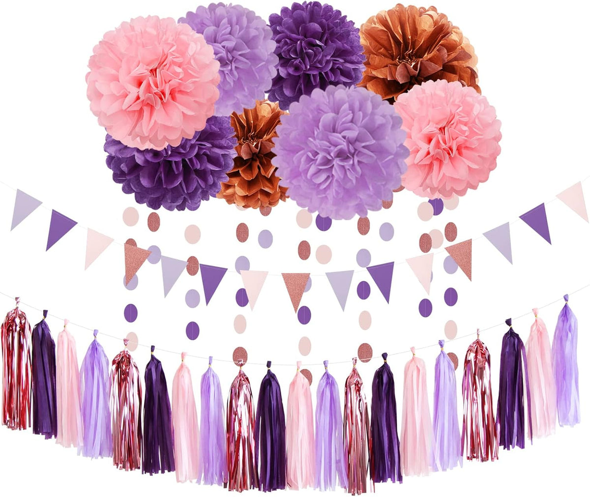 Rose-Gold Pink Purple Party Decorations - 30pcs Tissue Pom Poms Streamers,Baby Shower Decorations