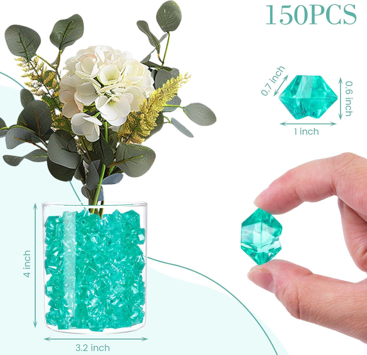 DomeStar Teal Fake Ice Rocks, 150PCS Acrylic Gems Crystals Plastic Shamrock Diamonds Centerpiece