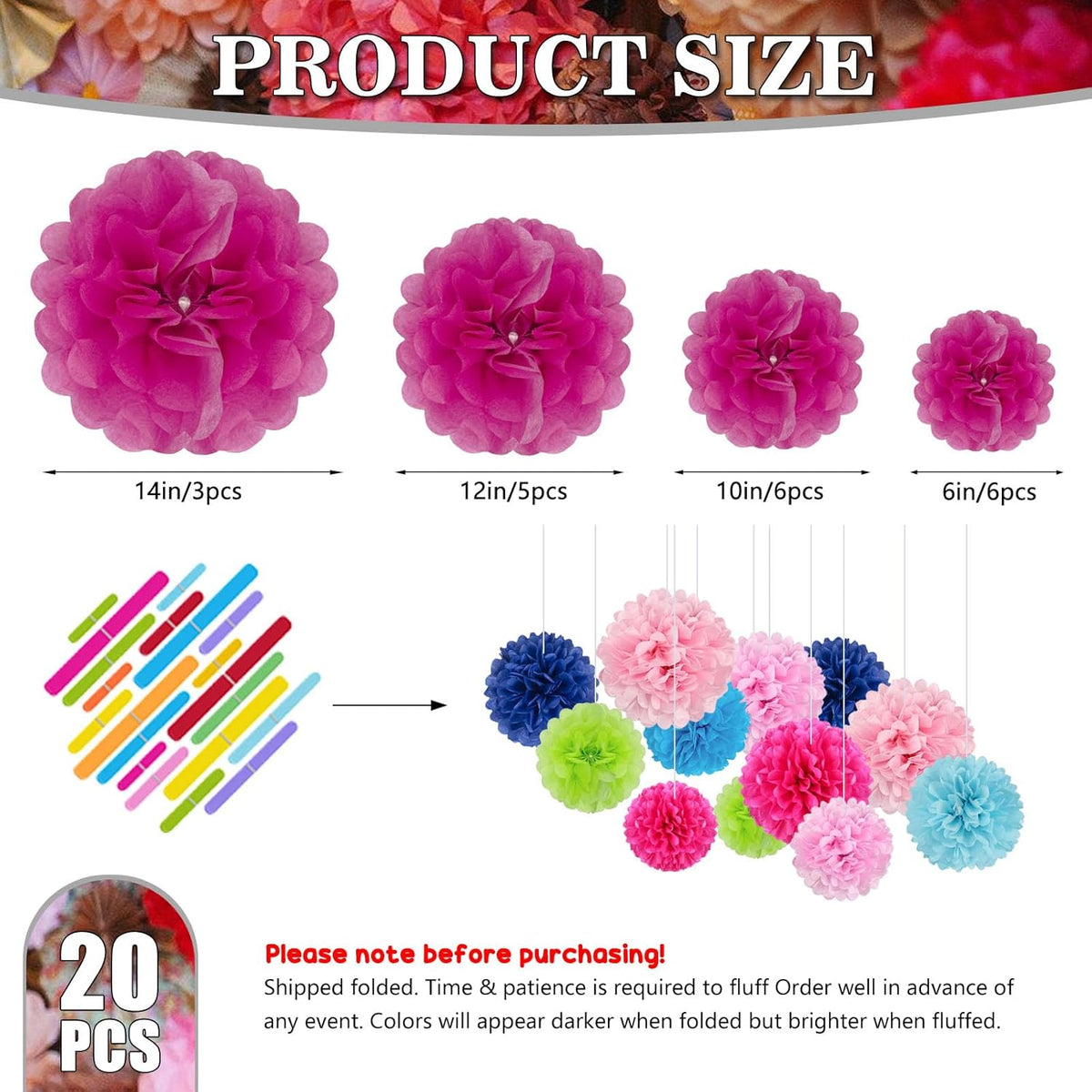 Tissue Paper Pom Poms, Fuchsia Tissue Paper Flowers, Hanging Flower Balls for Weddings Fiesta