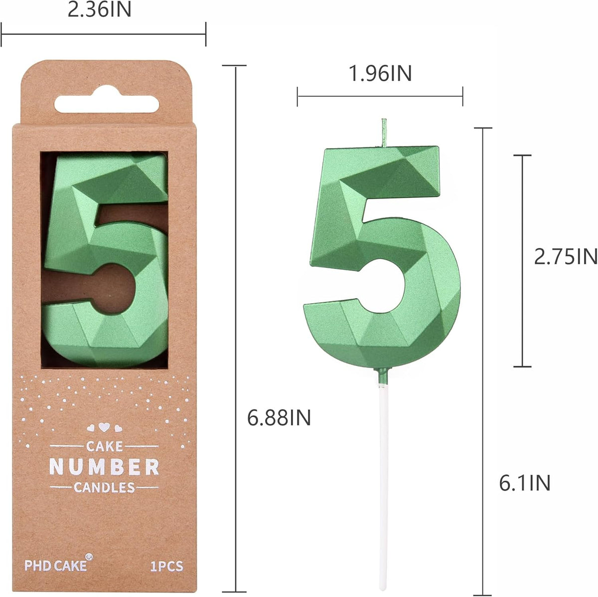 PHD CAKE 2.76 Inch Crystal Green 5 Number Cake Candle, Numeral Birthday Candles, Green Number