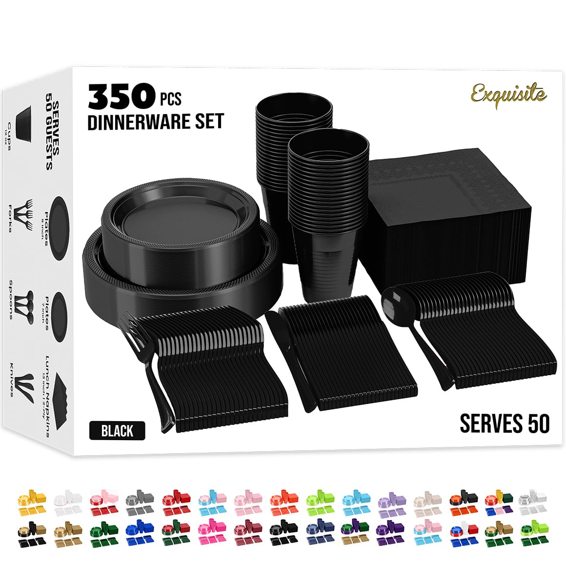 350 Pcs Black Plastic Plates For Party, Black Disposable Plates Set, 50 Of Each 9" Dinner Plate