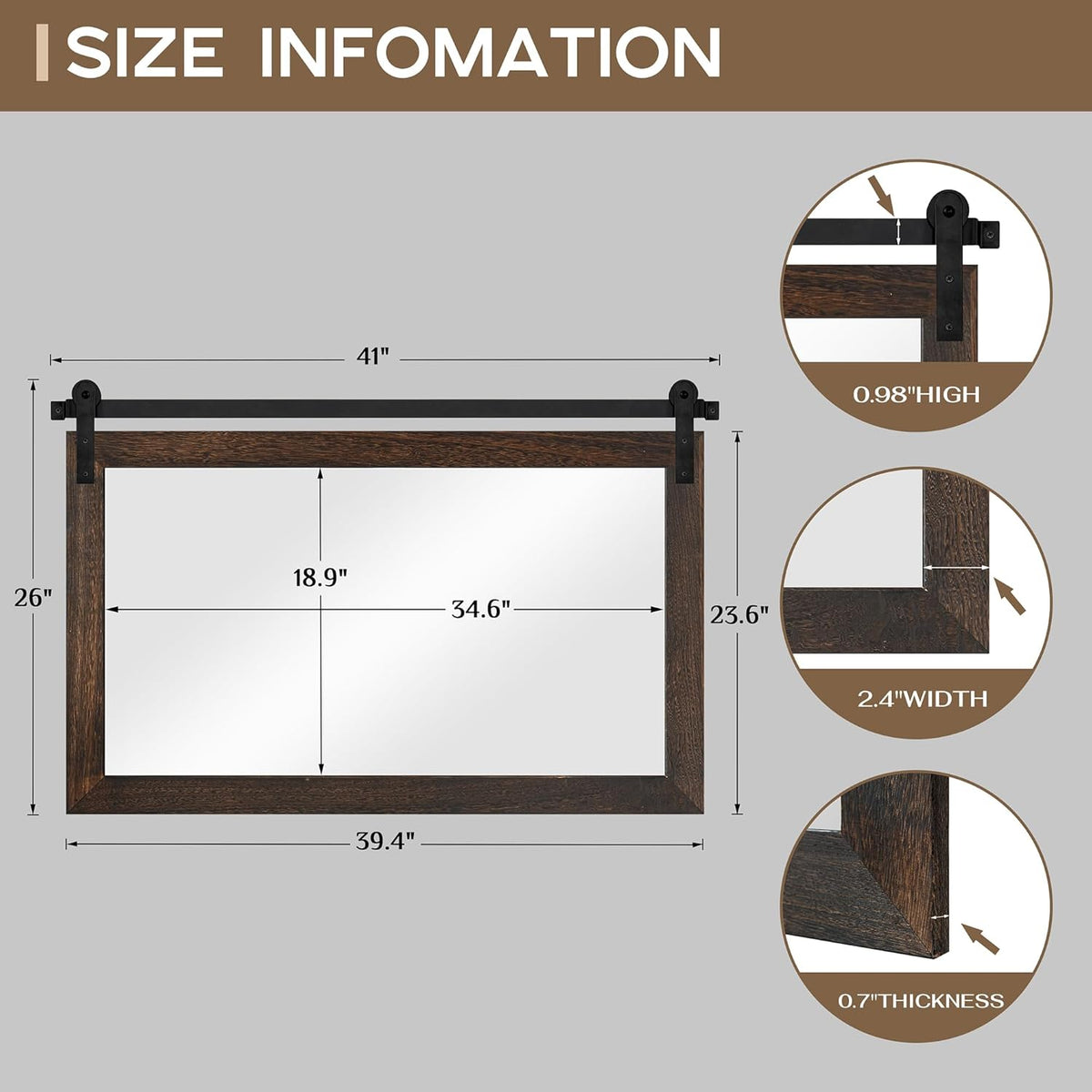 COGOOD Farmhouse Barn Door Mirror - 41 x 26 Rustic Wood Framed Wall Mirror for Bathroom, Living
