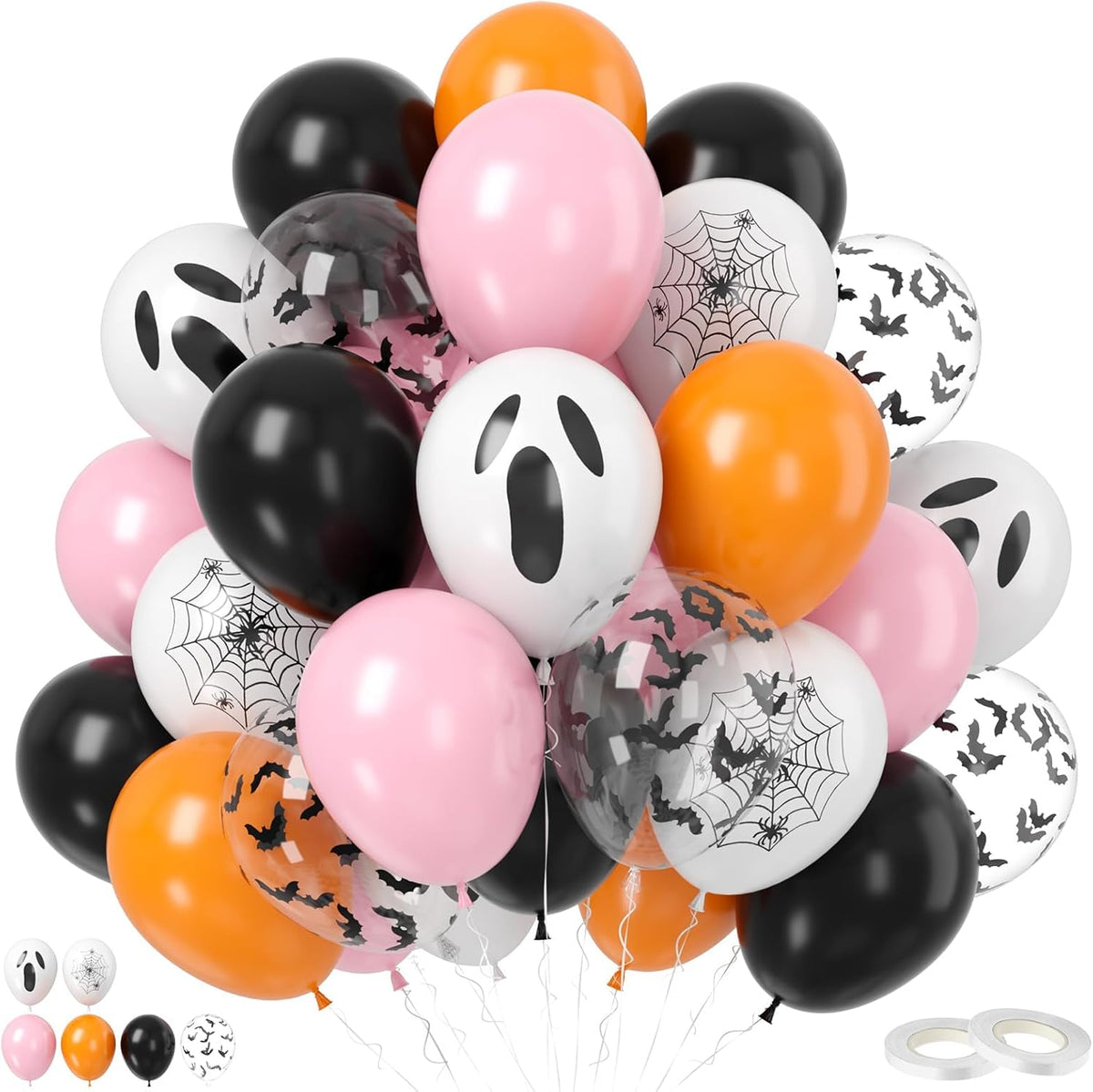 Pink Black Halloween Balloons Set, 50 Pcs White Spider Print Balloons, 12 Inch Pastel Pink Black