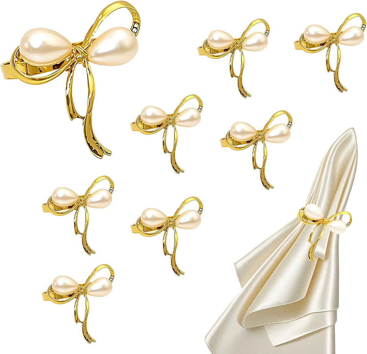 Gold Napkin Rings Set of 8 Pearl Bow Napkin Rings for Napkins,Rustic Napkin Ring Holders, Butterfly