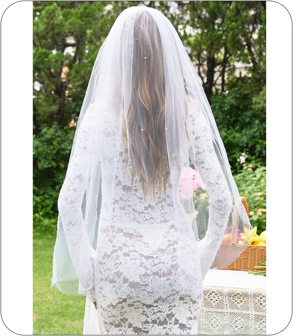 Lovasy Pearl Wedding Bridal Veil 1 Tier Long Veils with Metal Comb– Premium Wedding Accessories for