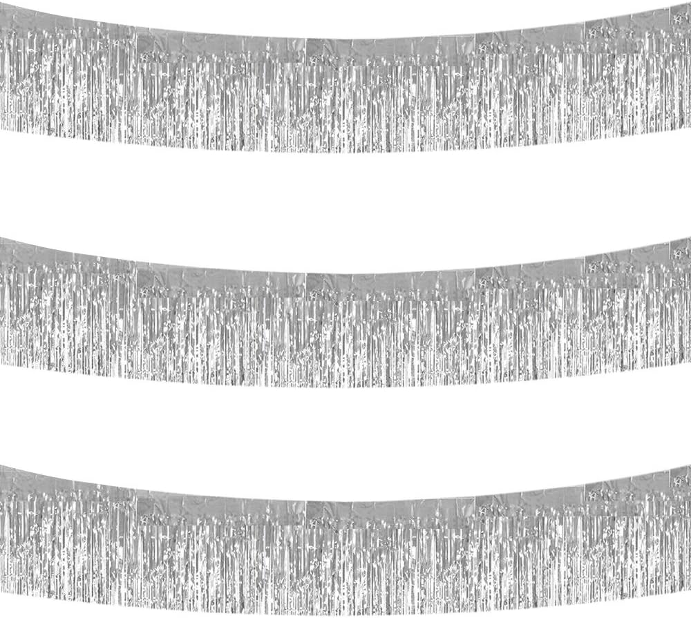 BEISHIDA 3 Packs 30 Feet Metallic Foil Fringe Garland Tinsel Streamers，Shiny Silver Wall Hanging