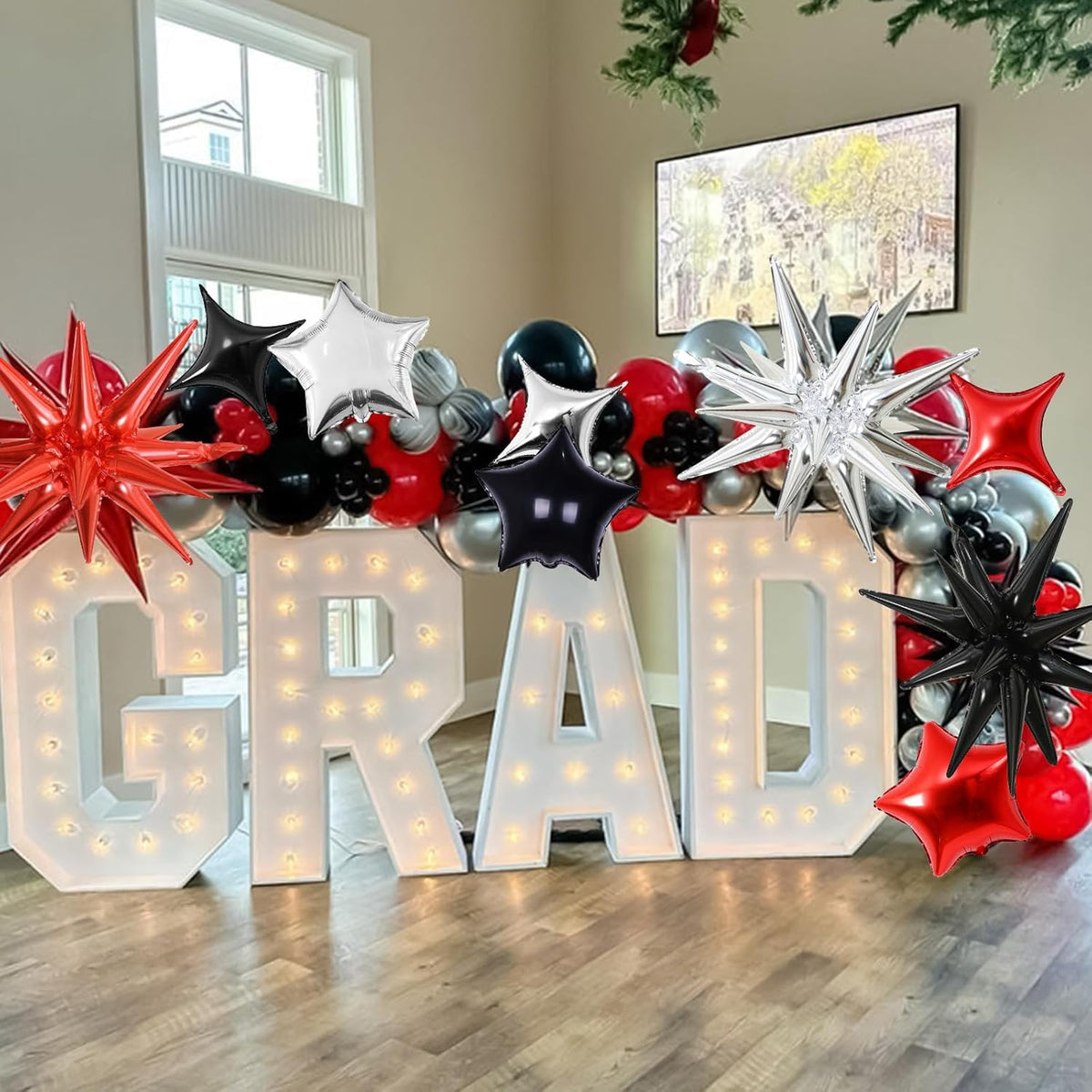 Star Balloons, 22in Red Black and Silver Star Balloons Foil 10in 4-Pointed & Pentagram Balloon for