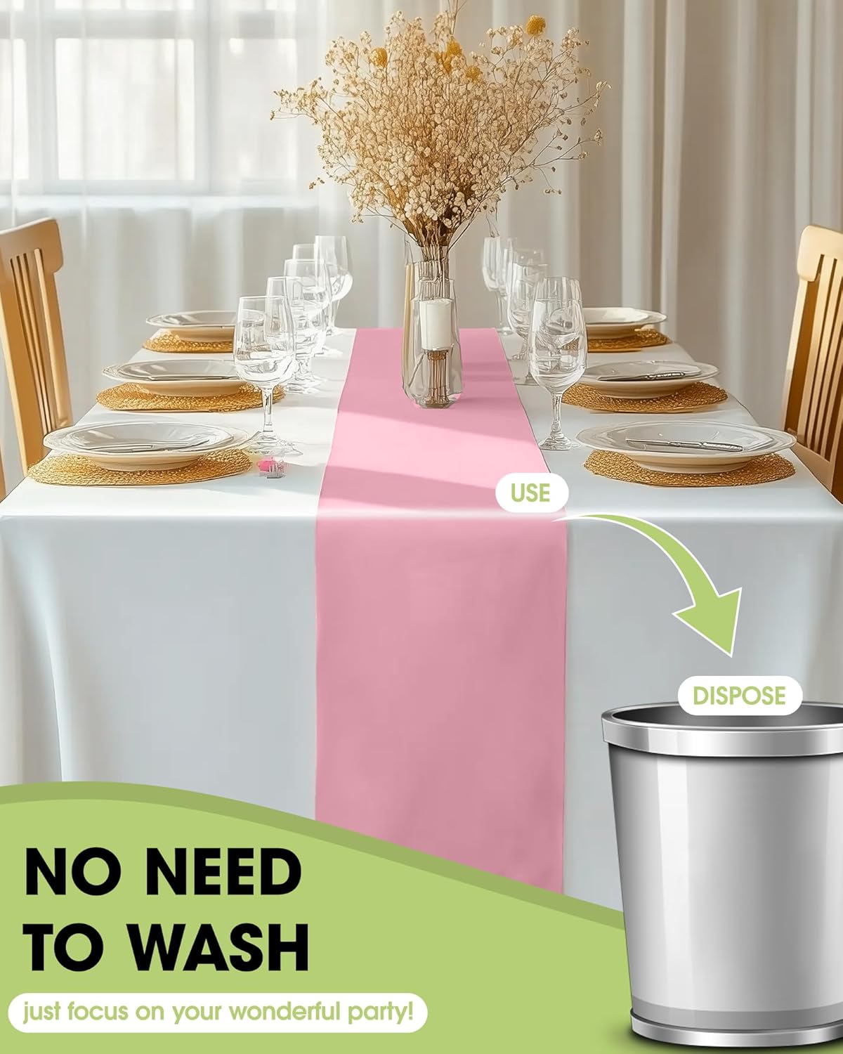 Pureegg Light Pink Plastic Table Runners - 10 Pack, 14'' x 108'', Water Resistant & Disposable