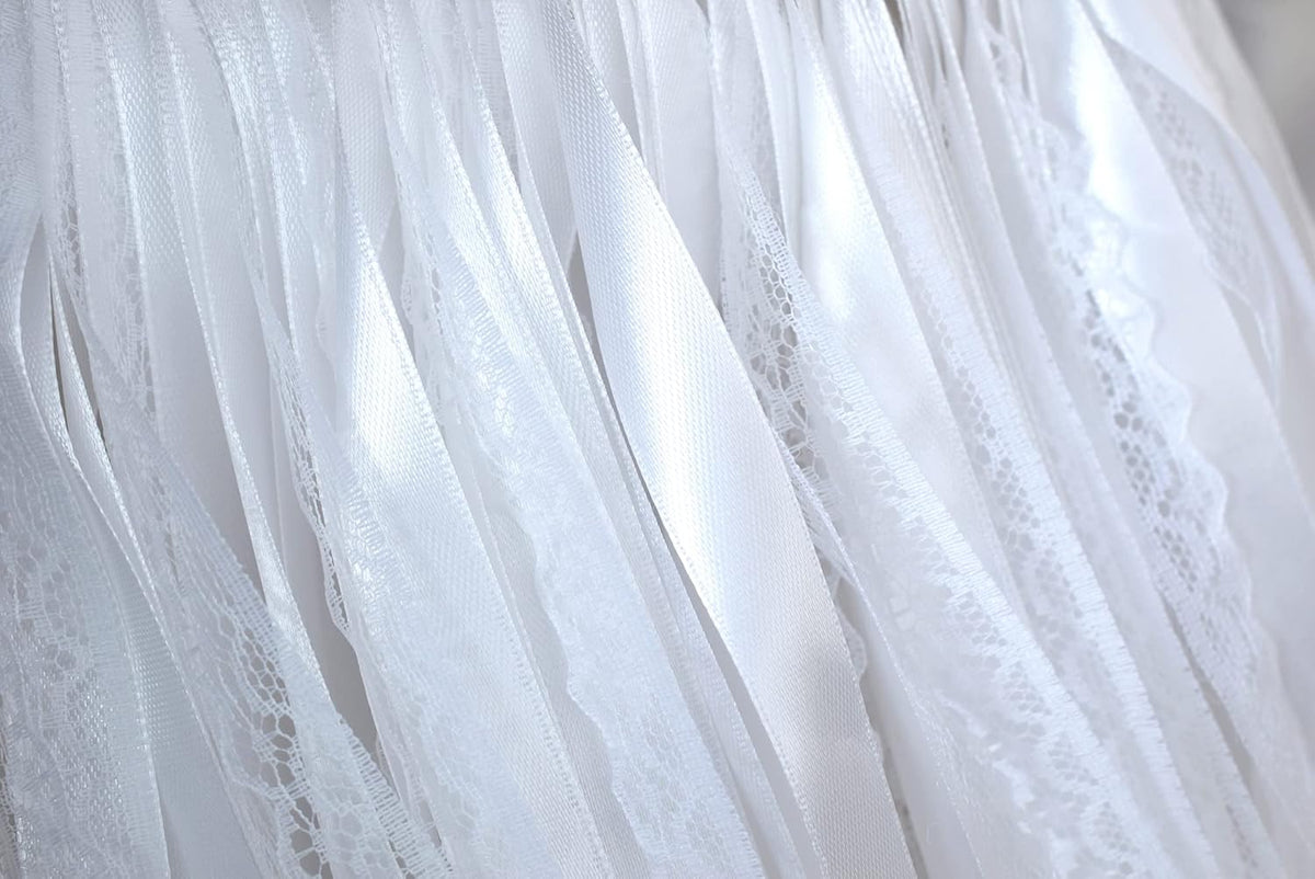 Kingsnow 100 Pieces Lace Wedding Ribbon Wands with Triple Ribbon and Silver Bell Wand Silk Fairy