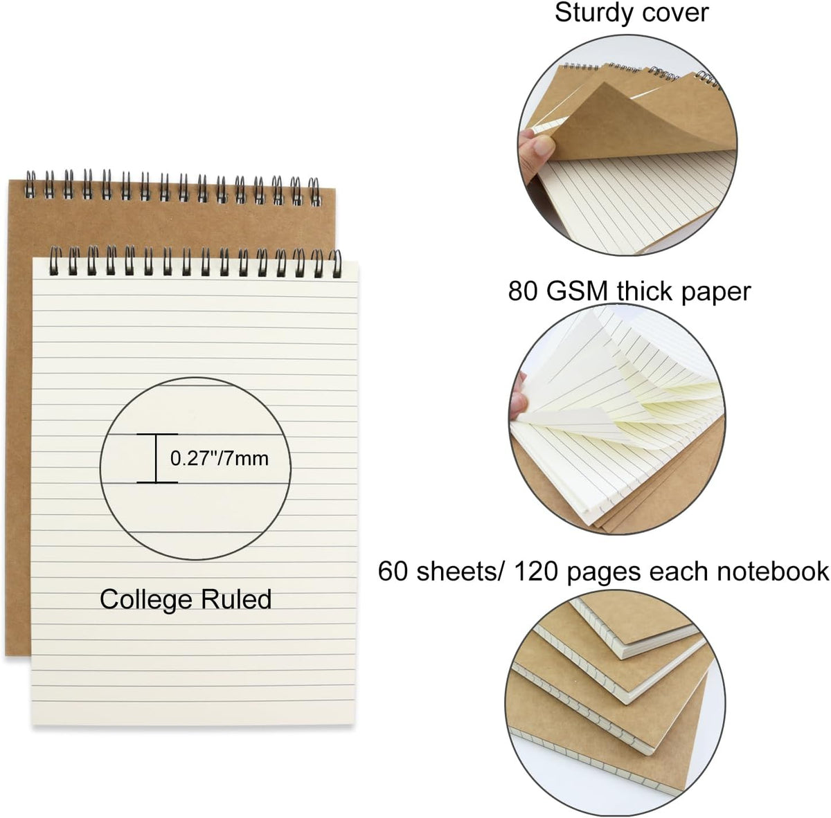 4 Pcs Top Bound Spiral Notebook,8.3 inch x 5.8 inch,60 Sheet,7mm College Ruled Paper,A5 Spiral Note