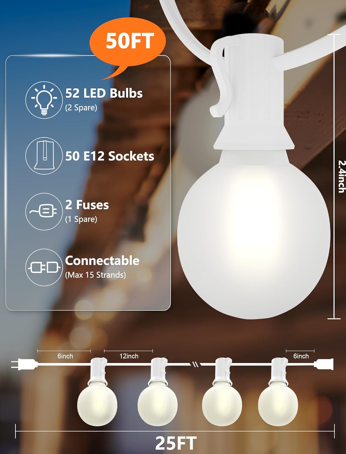 SUNSGNE White String Lights Outdoor, 50FT White Outdoor Lights with 52 G40 LED Frosted Shatterproof