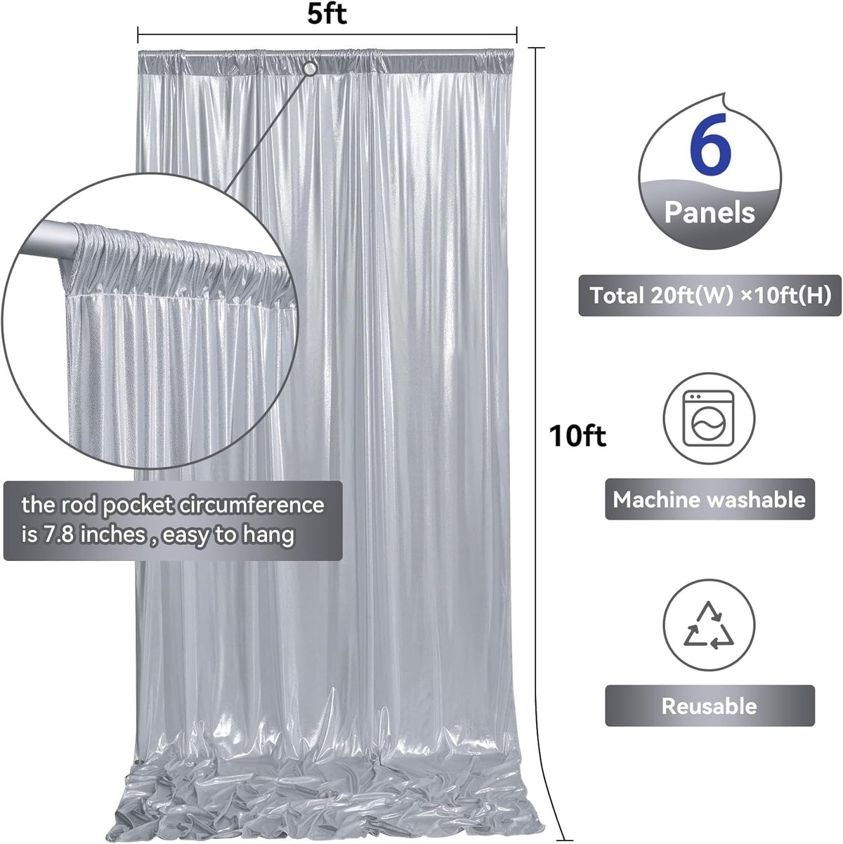 30ftx10ft Silver Sequin Backdrop Curtain for Parties, Wrinkle Free Glitter Photo Backdrop Drapes 6