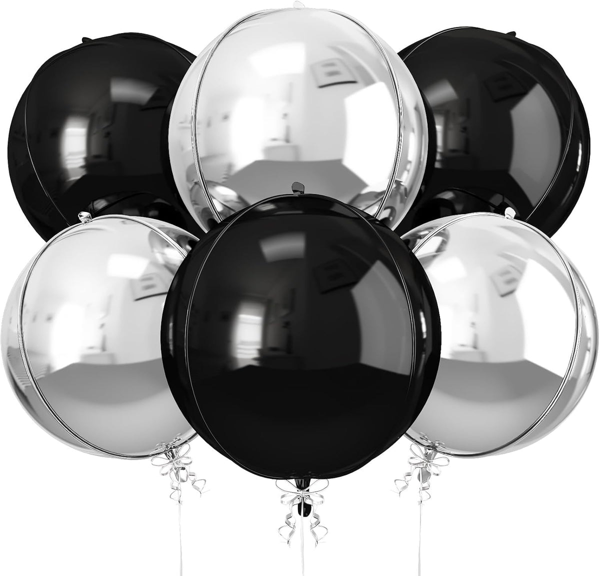 6Pcs Black Silver Round Foil Balloons, 22inch 4D Metallic Silver Black Balloons, Large Round Foil