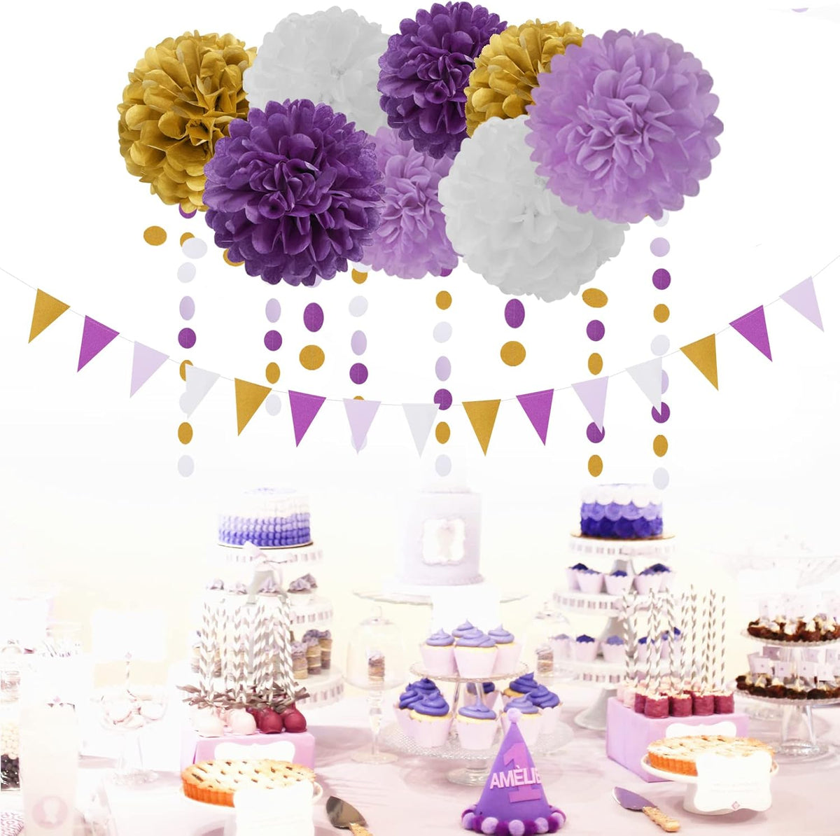 Purple Gold Graduation Decorations - 30pcs Kits Lavender White Paper Flowers,Banner Flags,Tassel