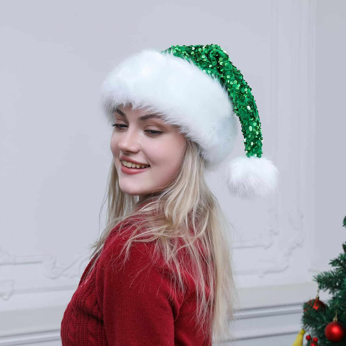 Personalized Sequin Santa Hat for Adults, Red Glitter Christmas Party Hat, Xmas Halloween New Year