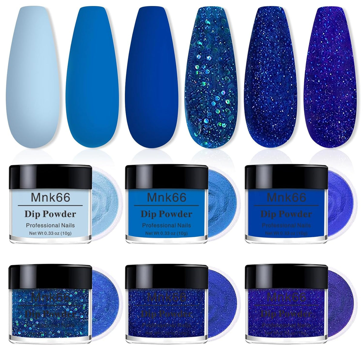 6 Colors Dip Powder Set, Royal Blue Glitter Dipping Powder Color Set, Glossy Nail Art Manicure DIY