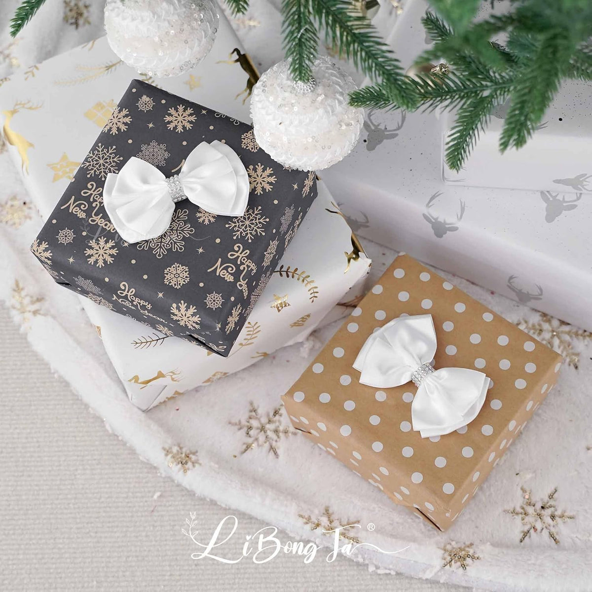 White Satin Bows 4'' Premade White Ribbon Bows, Gift Bows with Rhinestone, Wrapping Bows for