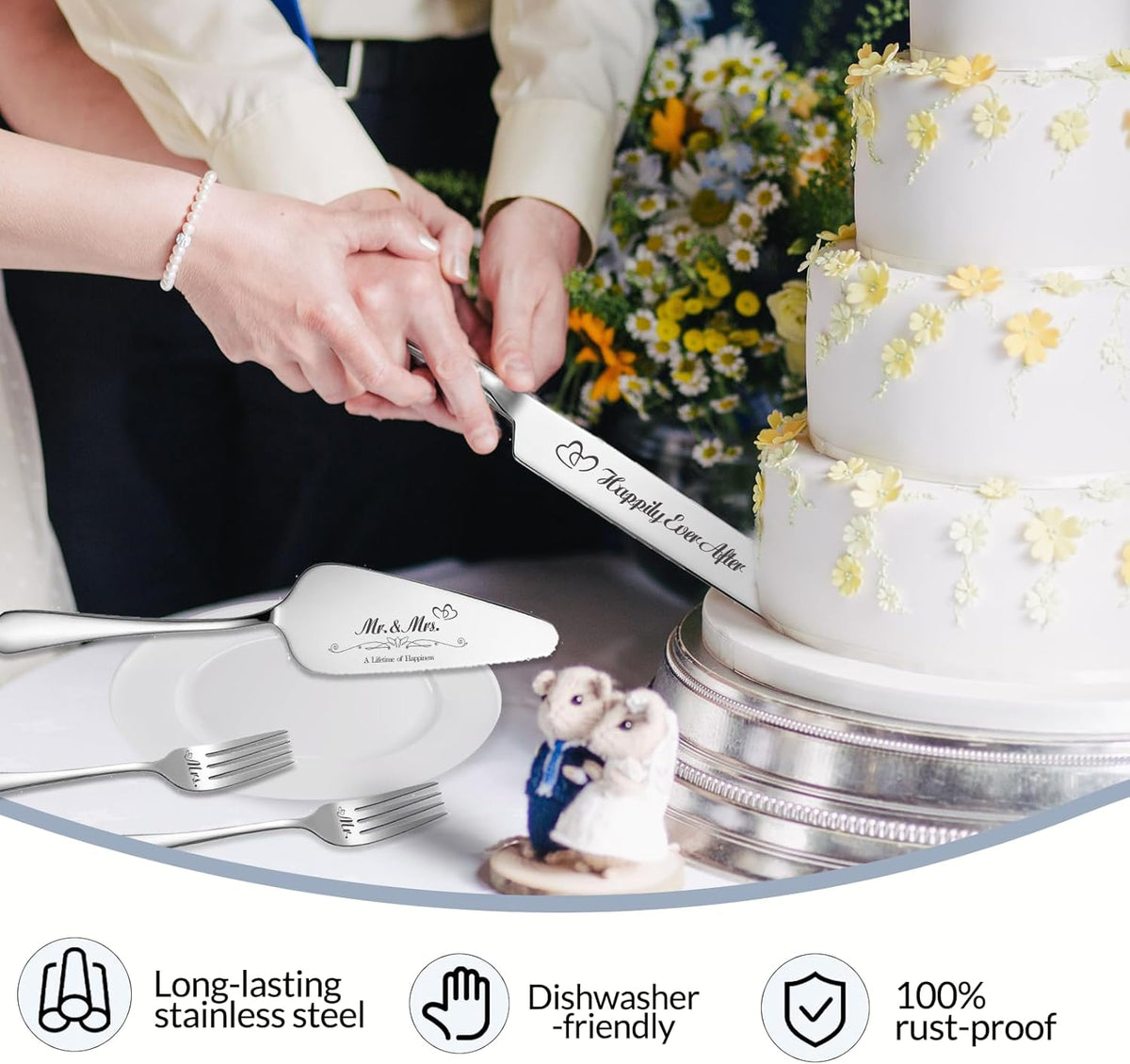 Personalized Wedding Cake Knife and Server Set, Engraved Cake Cutting Set with Stainless Steel