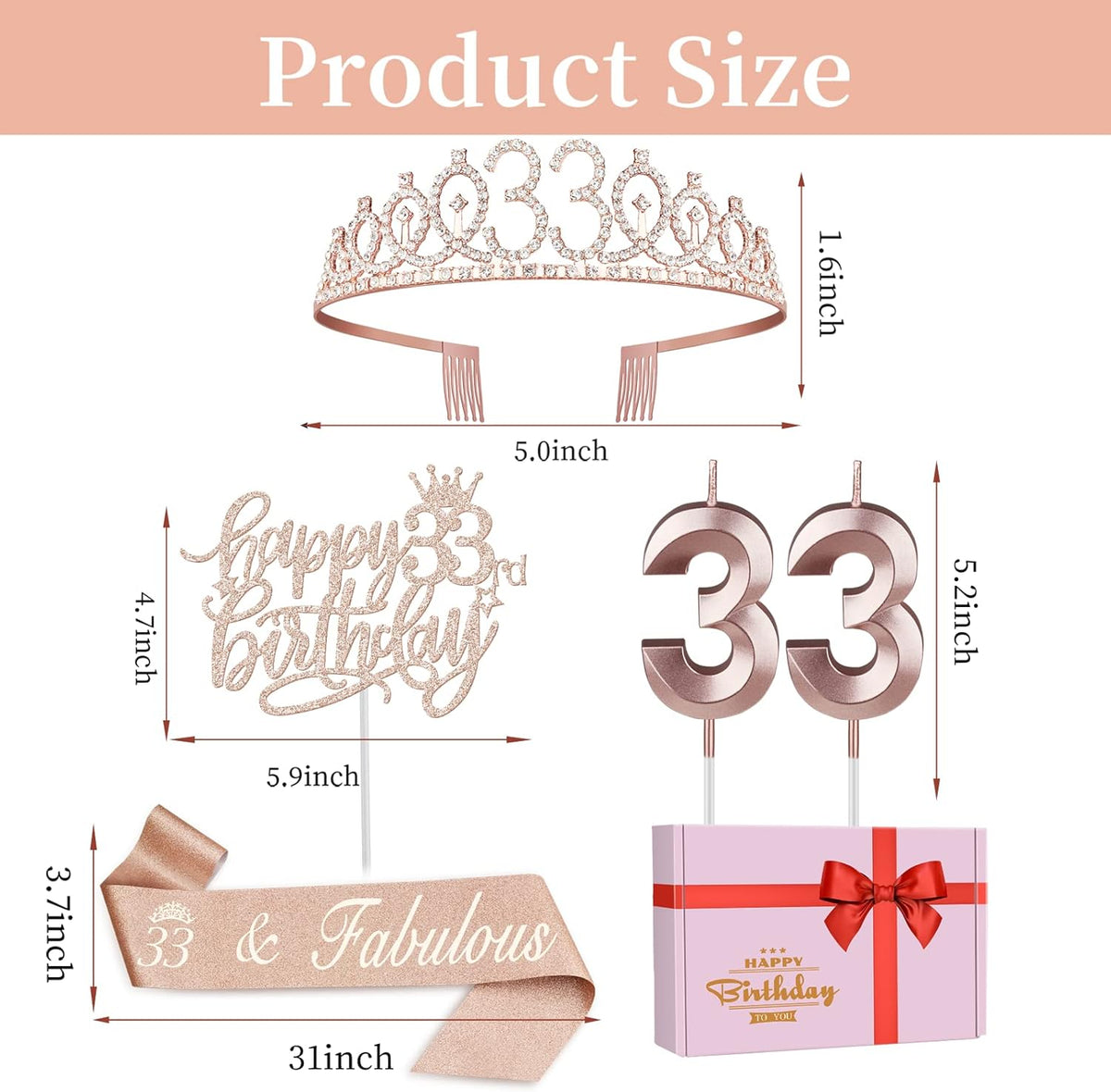 33 Birthday Decorations for Women Including Birthday Sash, Tiara/Crown, Numeral Candles and Cake