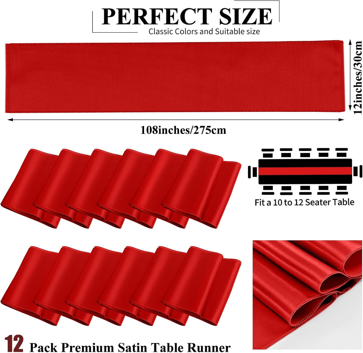 12 Pack Red Satin Table Runner,12 x 108 inch Long Premium Smooth Table Runner for Wedding