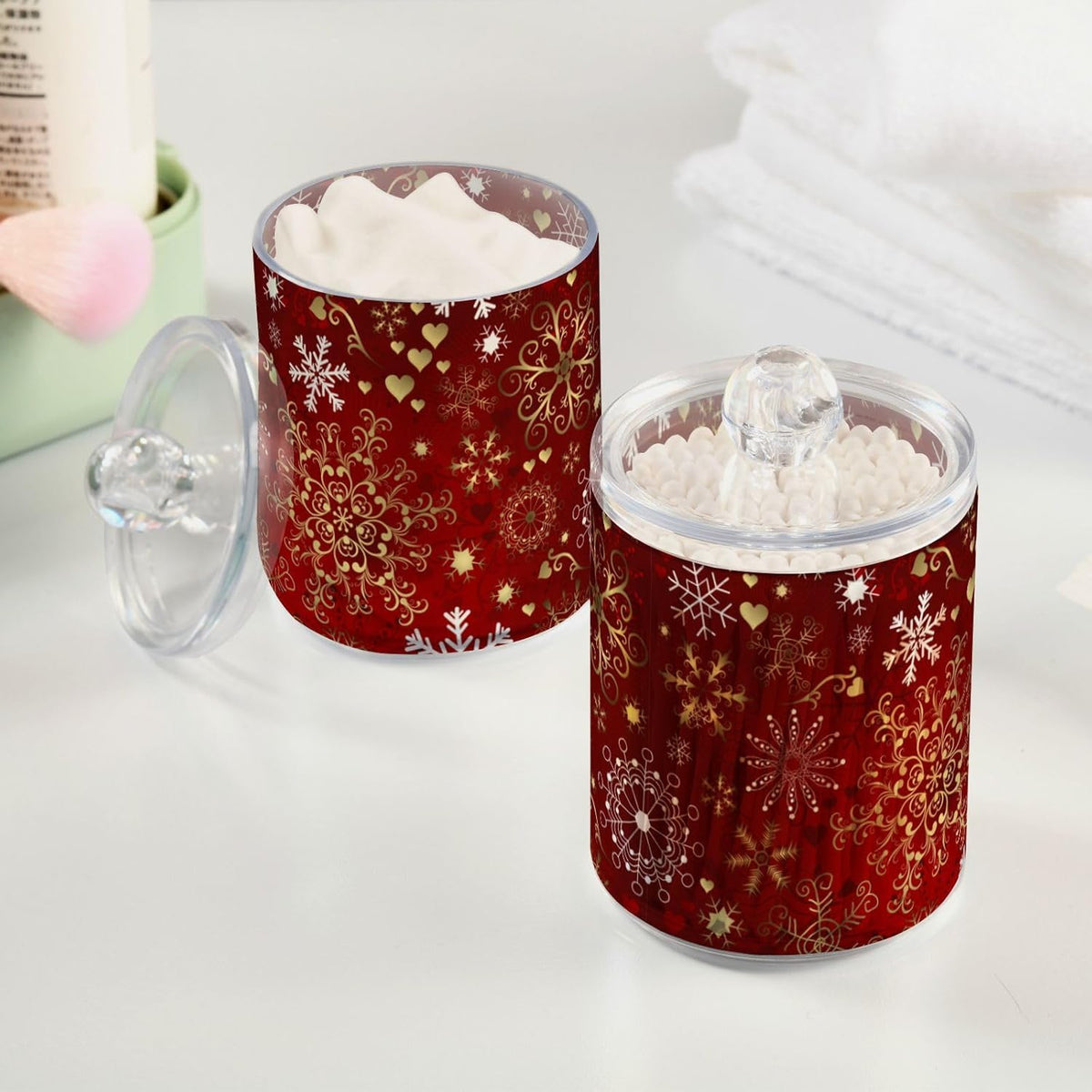 Gredecor Christmas Winter Qtip Holder Dispenser 2 Pack Gold and White Snowflakes Apothecary Jars