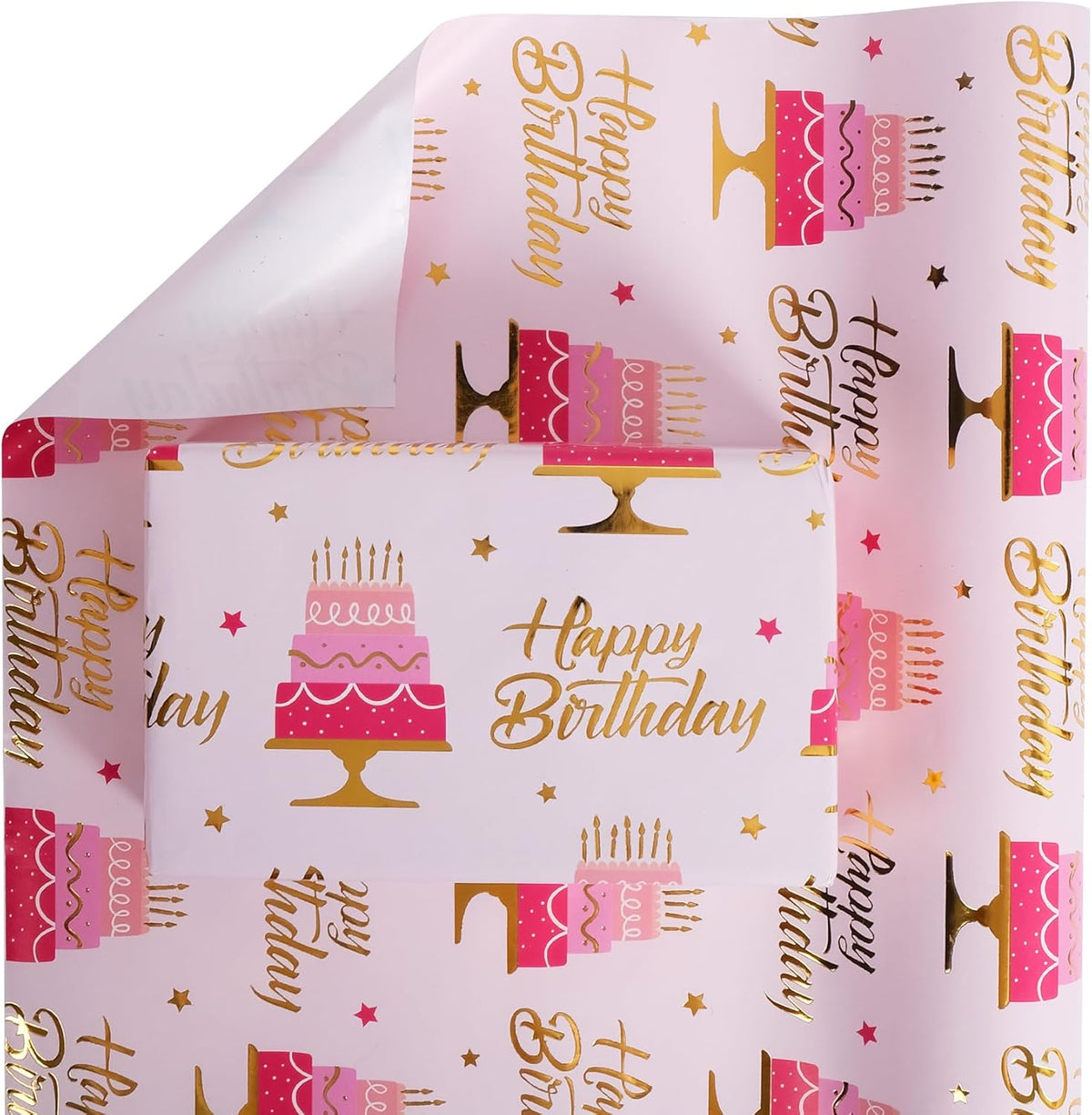 Aimyoo Pink Birthday Wrapping Paper Roll - 17 Inch X 32.8 Feet - Gold Foil Celebration Cake, Happy