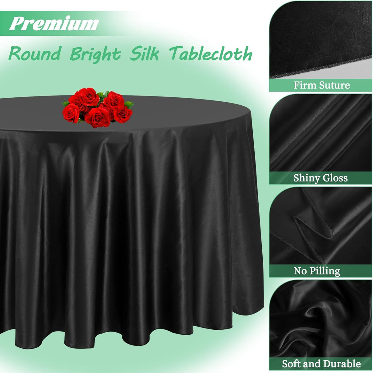 fani 12 Pack 108 Inch Black Satin Tablecloth - Premium Bright Silky Round Tablecloth Overlay Smooth