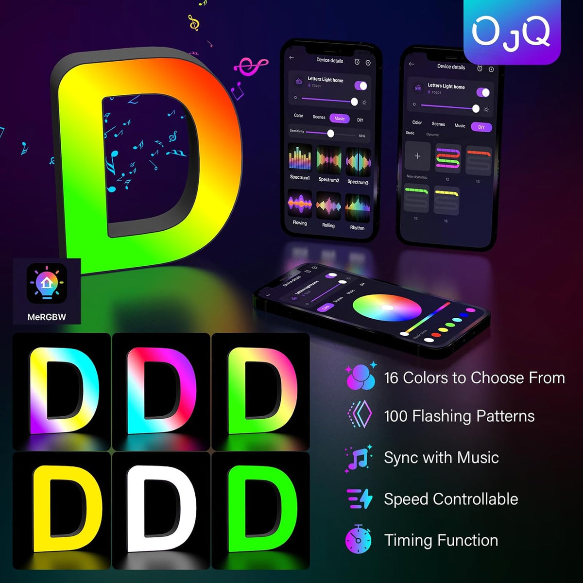 OJQ Light Up Letters LED Letter - Marquee Letters Room Decor Alphabet Letter Music Sync Color