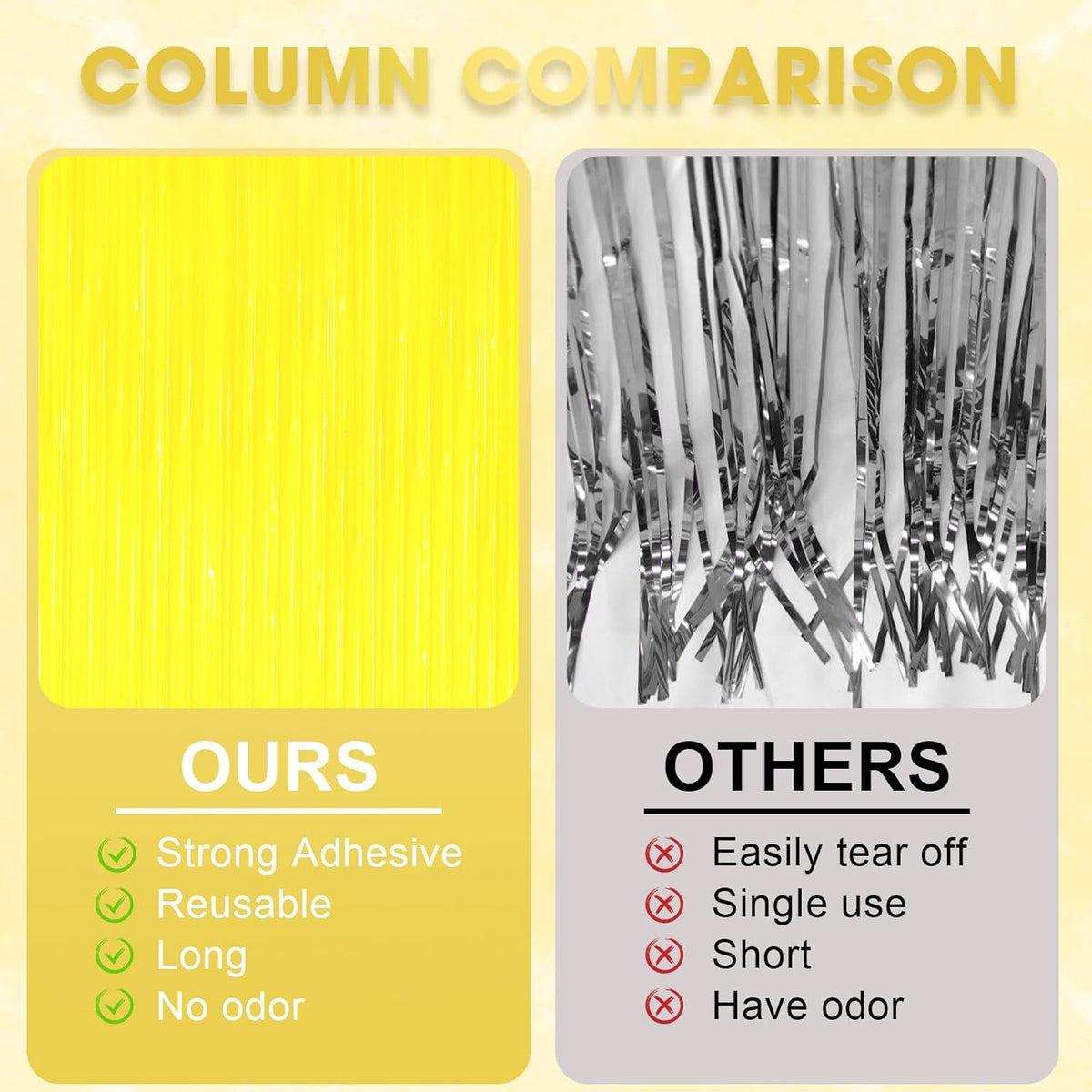 2 Pack Pastel Yellow Tinsel Foil Fringe Curtains, Yellow Party Decorations, Metallic Tinsel Party