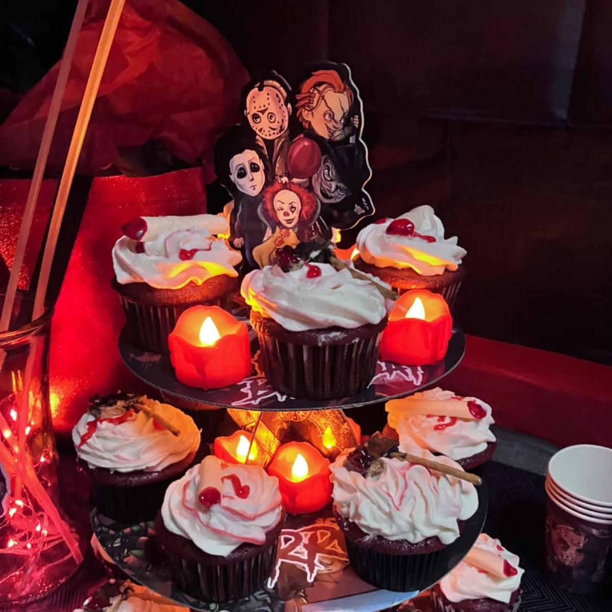 Homemory 24-Pack Halloween Red Dripping Flameless Tea Lights, Battery Operated Flickering LED