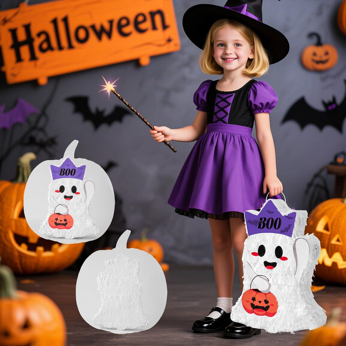 VINTS Halloween Piñata,Cute Ghost Piñata with Blindfold Stick,Pinata for Kids Birthday Party,Trick