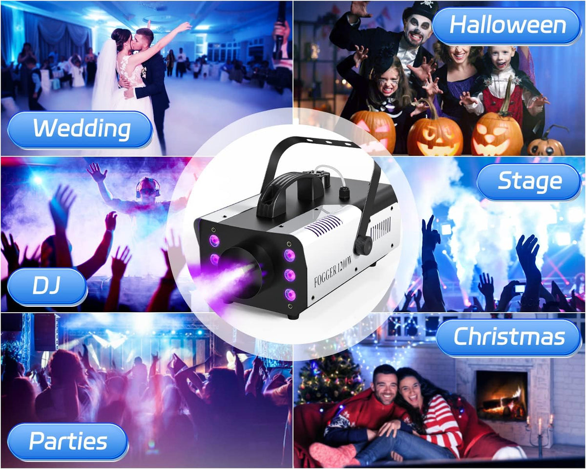 1200W RGB Fog Machine, 6 Colorful LED Lights for Smoke Machine Indoor/Outdoor Use, Perfect for