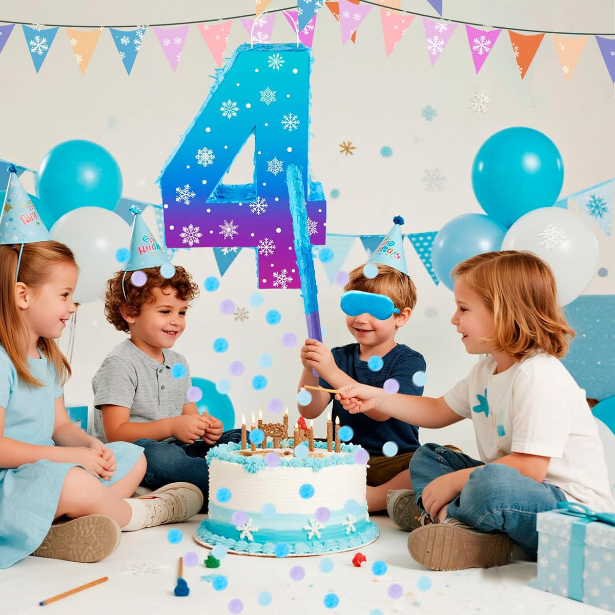 Snowflake Birthday Decorations, Winter Ice Snowflake Number 3 Pinata with Stick Blindfold and