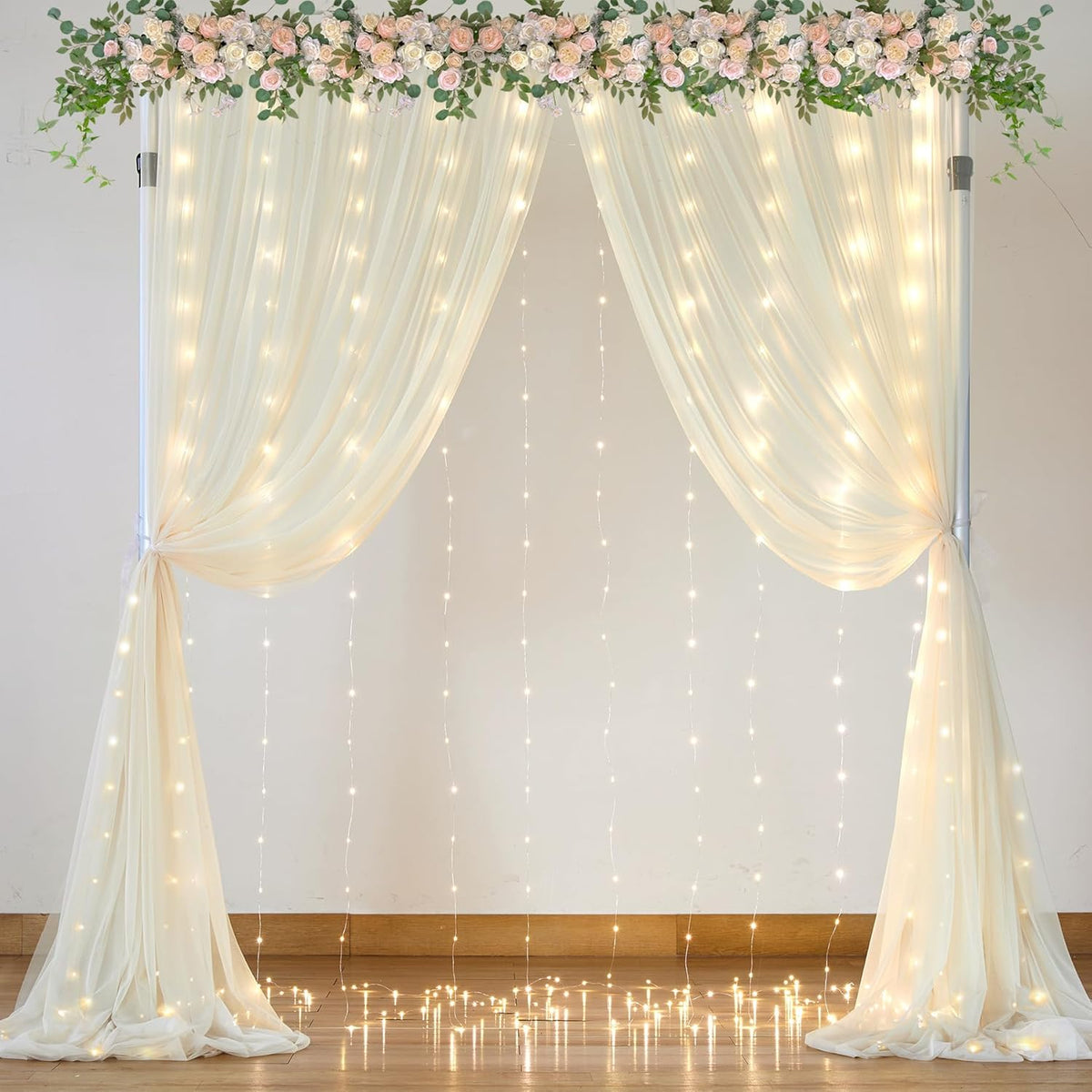 Ivory Sheer Backdrop Curtains with Lights String for Parites Wedding 10×8ft Tulle Backdrop Curtains